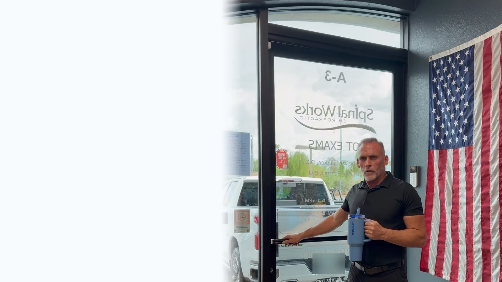 Dr. Steve Van Laecken DC at the front door of SpinalWorks Chiropractic, Suite A-3, seen from inside the office