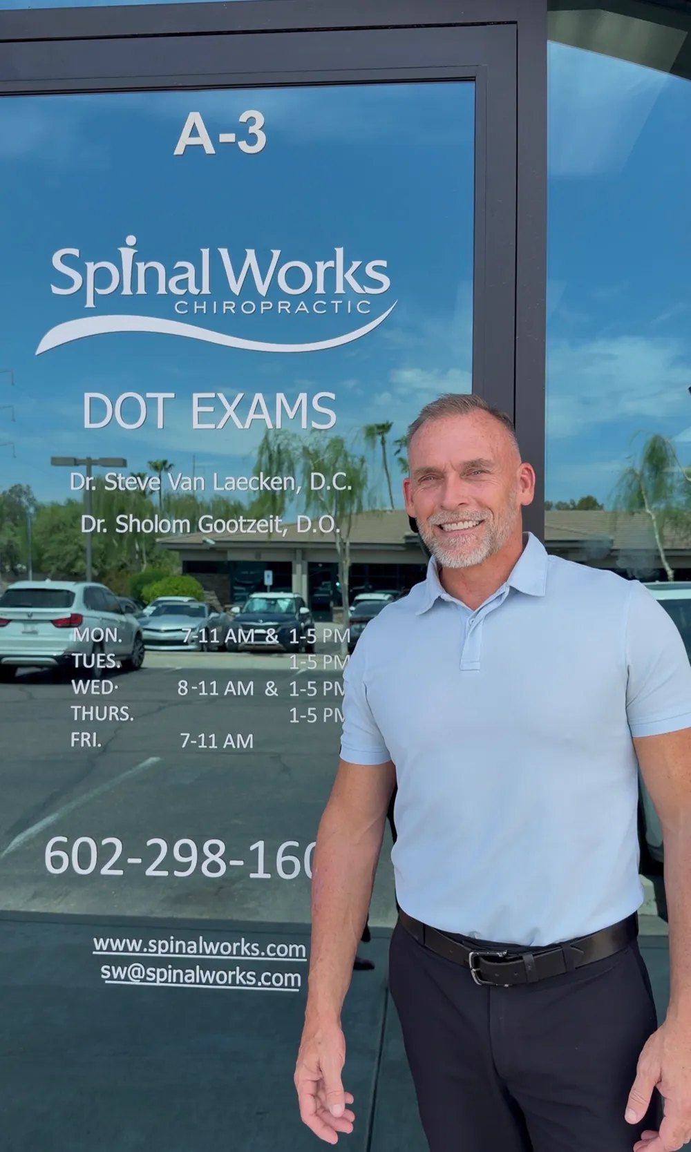 Dr. Steve Van Laecken DC welcoming patients outside SpinalWorks Chiropractic in Moon Valley, North Phoenix