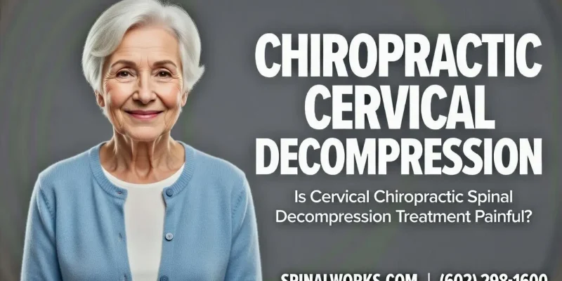 image of SpinalWorks Chiropractic patient in Moon Valley North Phoenix AZ with text overlay chiropractic-non-surgical-decompression-neck-pain